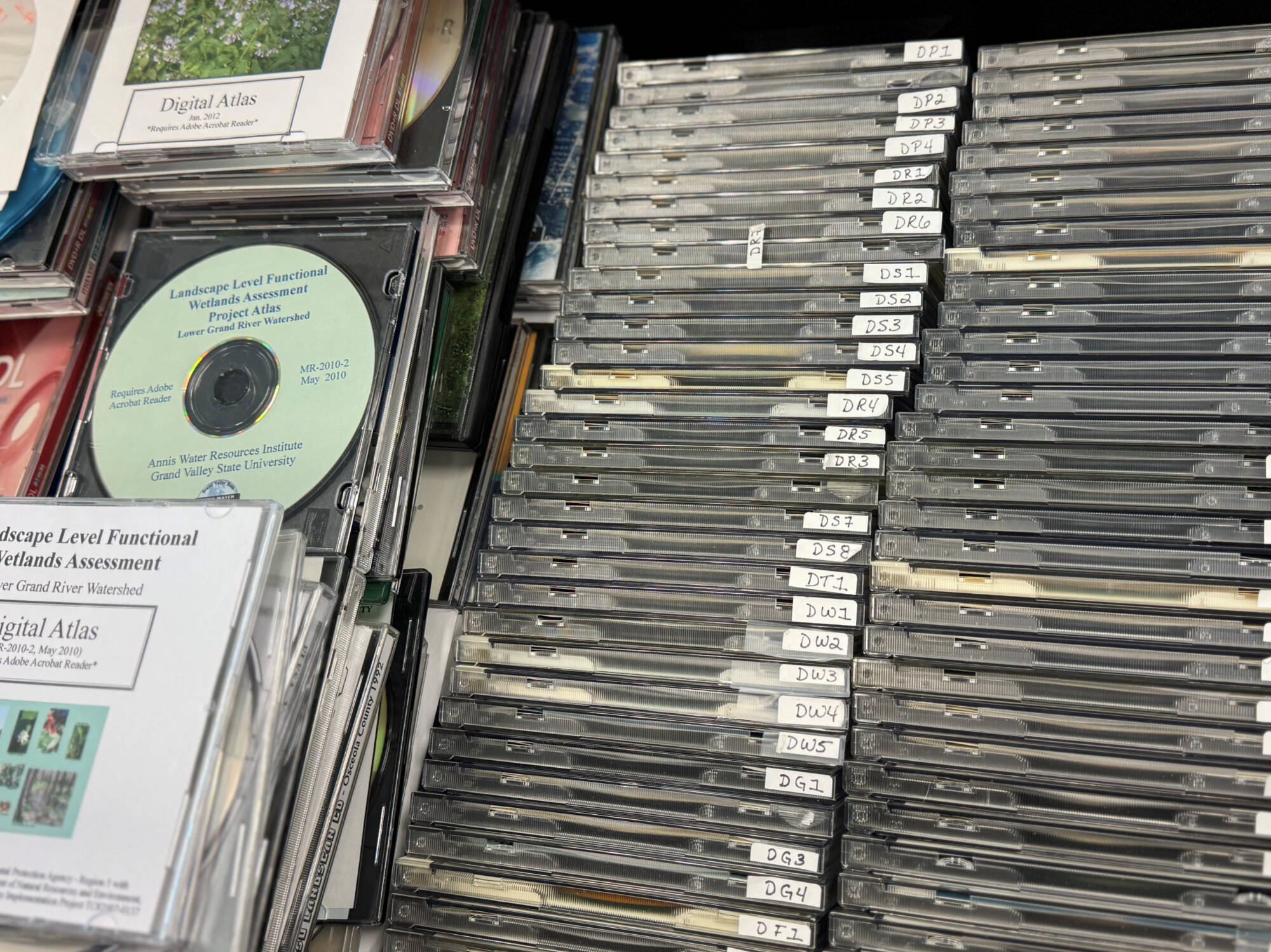 Boxes of labeled CDs are organized and arranged in a drawer.